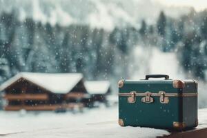 Stacked vintage suitcases on wooden deck with snowy mountains in the background photo