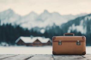 Stacked vintage suitcases on wooden deck with snowy mountains in the background photo