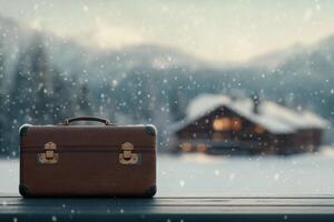 Stacked vintage suitcases on wooden deck with snowy mountains in the background photo