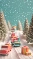 Christmas scene with miniature trucks delivering gifts in a snowy forest setting photo