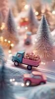 Christmas scene with miniature trucks delivering gifts in a snowy forest setting photo