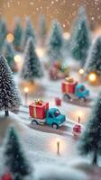 Christmas scene with miniature trucks delivering gifts in a snowy forest setting photo