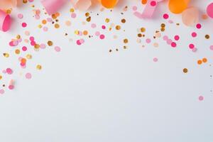 Colorful confetti and decorations on a white surface for celebration events and parties photo
