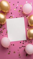 Celebration setup with pastel balloons and confetti on a pink background for a special event photo