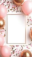Celebration setup with pastel balloons and confetti on a pink background for a special event photo