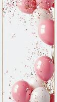 Celebration setup with pastel balloons and confetti on a pink background for a special event photo