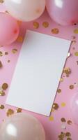 Celebration setup with pastel balloons and confetti on a pink background for a special event photo