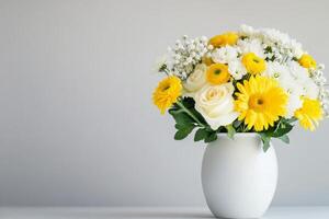 Bright and cheerful flower arrangement in a simple white vase on a light background photo