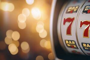 Vibrant slot machine with lucky sevens in a casino at night photo