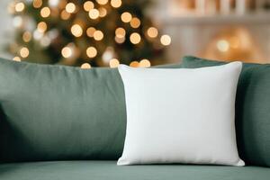 Cozy couch with decorative pillow near a festive Christmas tree in a bright living room photo