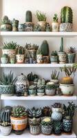 Indoor shelf filled with various succulent plants in decorative pots photo