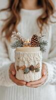 Cozy winter candle with pinecones and greenery held by a person in a knitted sweater photo