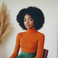 Stylish portrait of a woman in a vibrant turtleneck sweater and pleated skirt photo