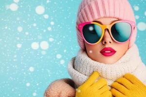 Bright winter fashion with colorful accessories and snowflakes in a vibrant background photo