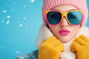 Bright winter fashion with colorful accessories and snowflakes in a vibrant background photo