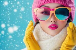 Bright winter fashion with colorful accessories and snowflakes in a vibrant background photo