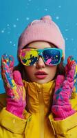 Colorful winter portrait of a woman with painted hands and bright sunglasses in a snowy setting photo
