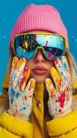 Colorful winter portrait of a woman with painted hands and bright sunglasses in a snowy setting photo