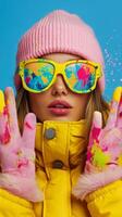 Colorful winter portrait of a woman with painted hands and bright sunglasses in a snowy setting photo