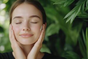 Woman applying cream to her face in a bright, green indoor setting during daytime photo