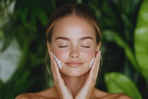 Woman applying cream to her face in a bright, green indoor setting during daytime photo