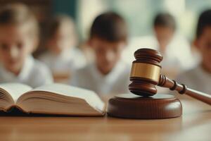 Classroom discussion on law concepts with a gavel and open book on the table photo