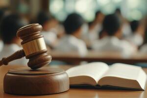 Classroom discussion on law concepts with a gavel and open book on the table photo