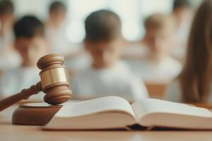 Classroom discussion on law concepts with a gavel and open book on the table photo