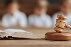 Classroom discussion on law concepts with a gavel and open book on the table photo