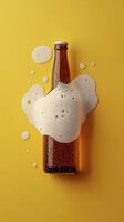 Bottle of beer with foam spilling on yellow background captures the essence of refreshment photo