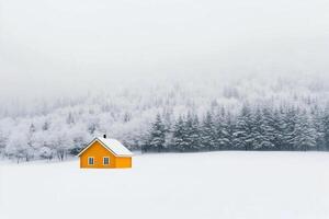 Bright yellow house in a snowy landscape during winter with trees in the background photo