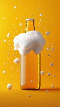 Bottle of beer with foam spilling on yellow background captures the essence of refreshment photo