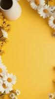 Flower arrangement with daisies and chrysanthemums on a bright yellow background photo