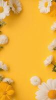 Flower arrangement with daisies and chrysanthemums on a bright yellow background photo