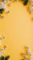 Flower arrangement with daisies and chrysanthemums on a bright yellow background photo