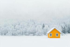 Bright yellow house in a snowy landscape during winter with trees in the background photo