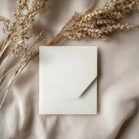 Envelope and dried flowers on soft fabric create a calm and elegant arrangement at a cozy setting photo