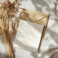 Envelope and dried flowers on soft fabric create a calm and elegant arrangement at a cozy setting photo