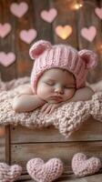 Baby sleeping peacefully on a knitted blanket with hearts in the background photo