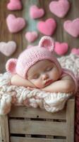 Baby sleeping peacefully on a knitted blanket with hearts in the background photo