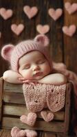 Baby sleeping peacefully on a knitted blanket with hearts in the background photo