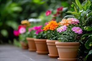 Colorful flowers in terracotta pots enhance a garden walkway in springtime photo