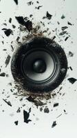 Explosive sound wave with shattered speaker parts in dynamic display of energy and motion photo