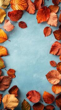 Colorful autumn leaves arranged on a blue background creating a seasonal display photo