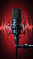 Classic microphone on a vibrant red background with sound wave pattern behind it photo