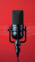 Classic microphone on a vibrant red background with sound wave pattern behind it photo