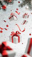 Gift boxes and decorations falling amidst snowflakes in a festive atmosphere during winter photo