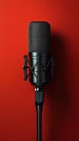 Classic microphone on a vibrant red background with sound wave pattern behind it photo
