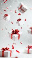 Gift boxes and decorations falling amidst snowflakes in a festive atmosphere during winter photo