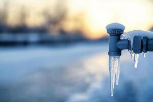 Frozen faucet with icicles at sunset in a winter landscape photo